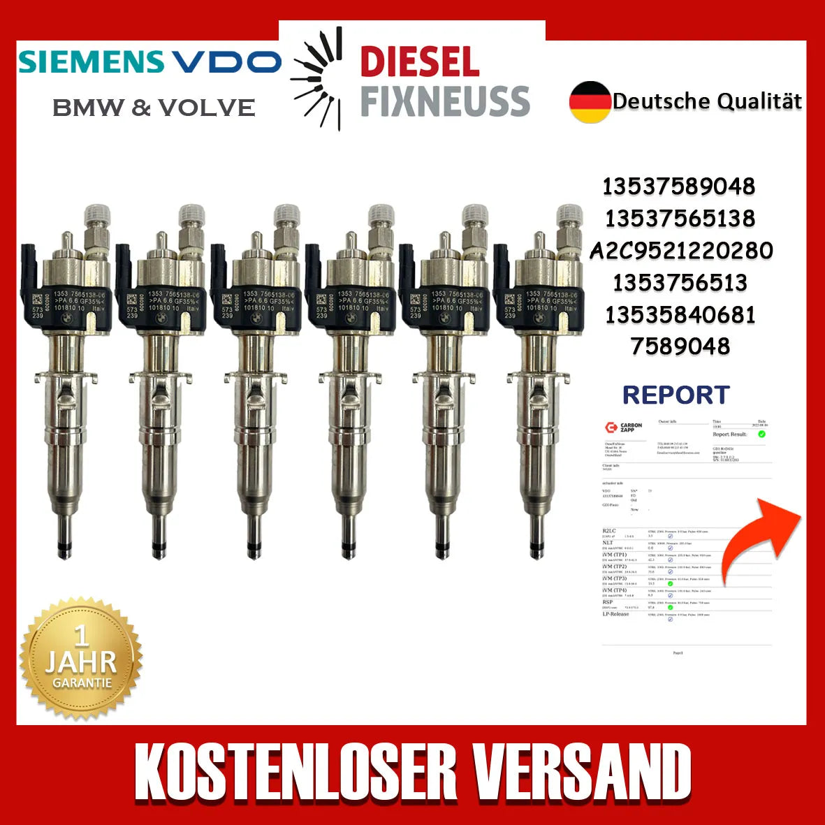 6x Fuel Injector BMW 1/3/5 Series | Part No: 13537589048-06/13537565138 Benzin | Compatible with N45/N43/N53 Engines | Includes Copper Ring, O-Ring, Test Report