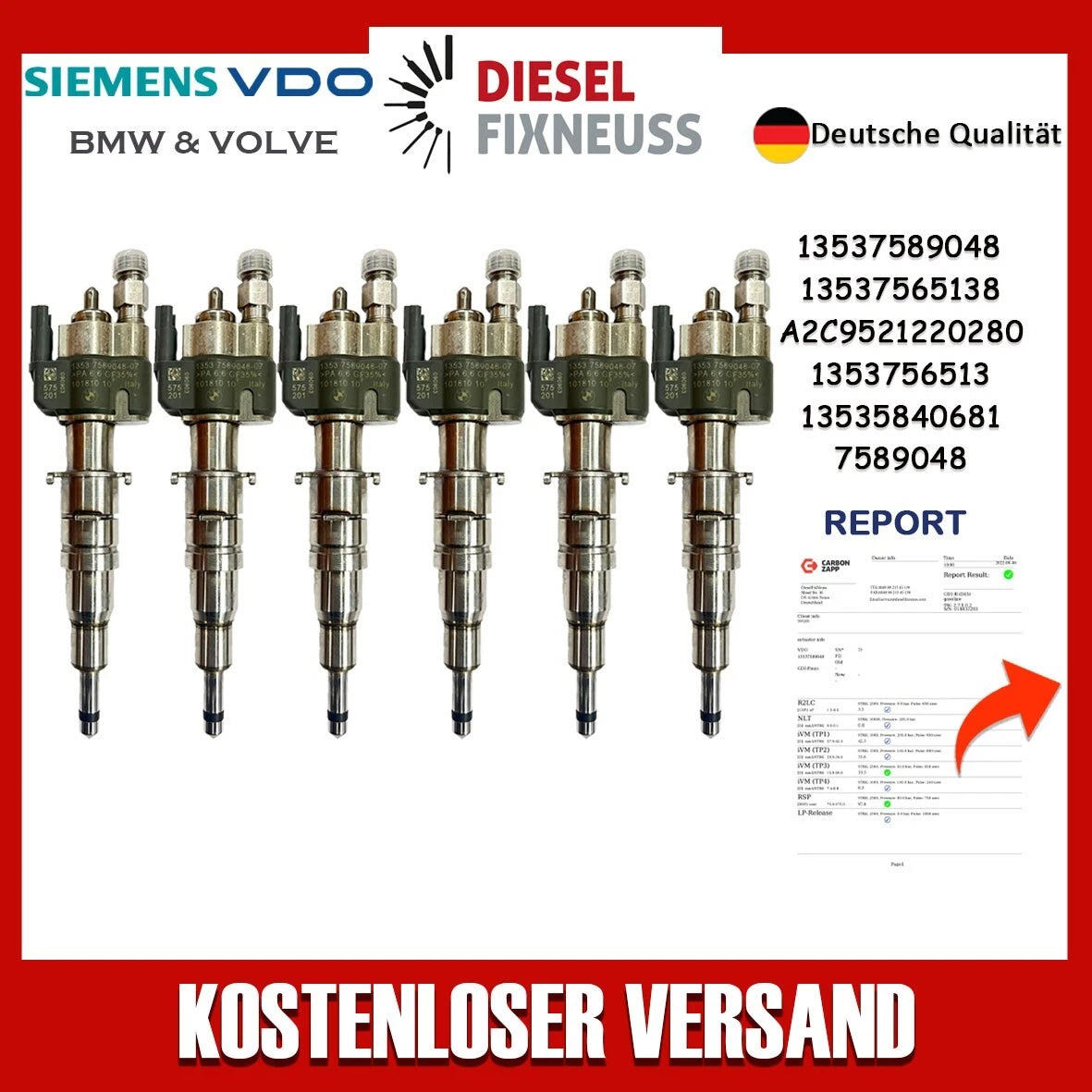 6x Fuel Injector BMW 1/3/5 Series | Part No: 13537589048-07/13537565138 Benzin | Compatible with N45/N43/N53 Engines | Includes Copper Ring, O-Ring, Test Report