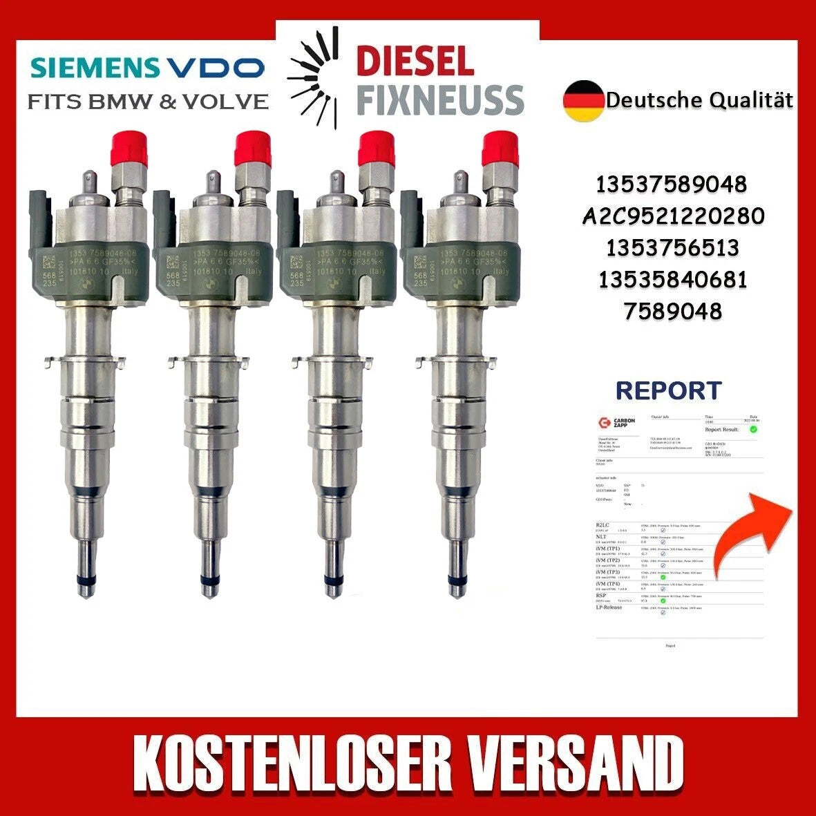 4x Fuel Injector BMW 1/3/5 Series | Part No: 13537589048-08/13537565138 Benzin | Compatible with N45/N43/N53 Engines | Includes Copper Ring, O-Ring, Test Report