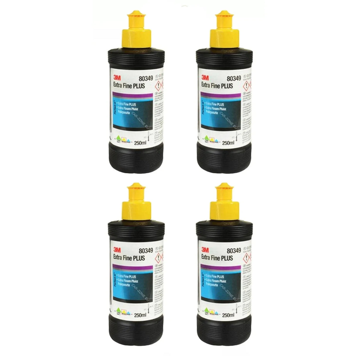 4x 3M Perfect-It III Extrafine 80349 (250 mL) is an award-winning, color-coded fine abrasive paste designed for finishing modern scratch-resistant clear coats, removing fine and coarse sanding scratches without causing orange peel effect, suitable for 2K standard paints and usable by hand or machine for outstanding paint finishing