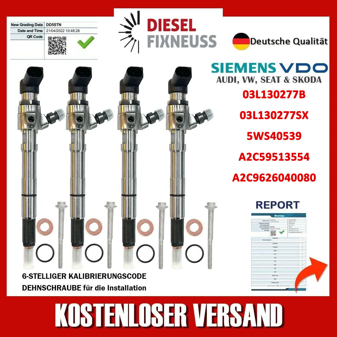 4 X Iniettore 03L130277B Siemens VW Motore 1,6 Tdi Continental Cayb