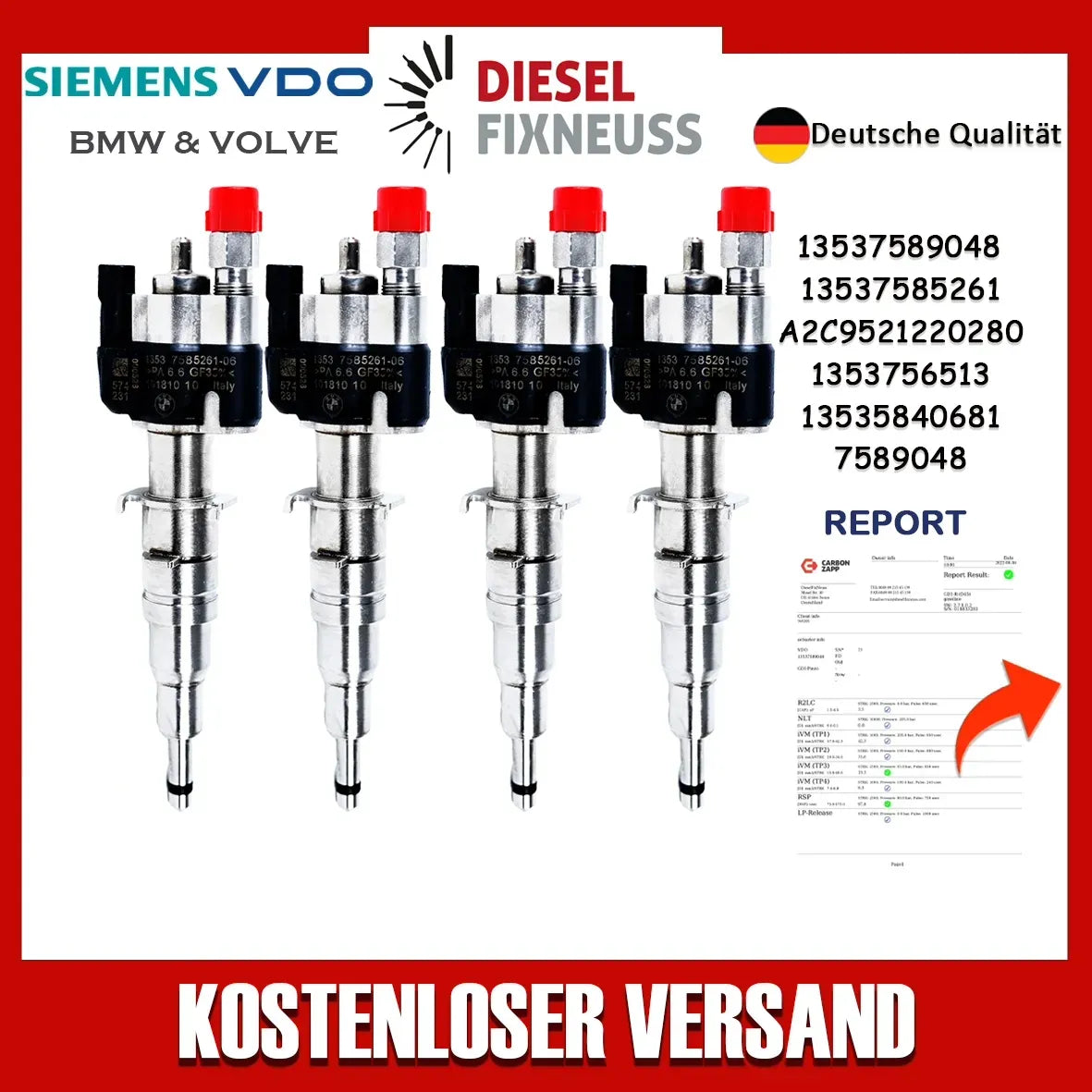 BMW Fuel Injector - VDO/Siemens 13537585261-06 / 13537589048. High-quality fuel injectors for BMW gasoline engines. Compatible with N43, N53, and N52 engine series. Includes copper sealing rings and test report.