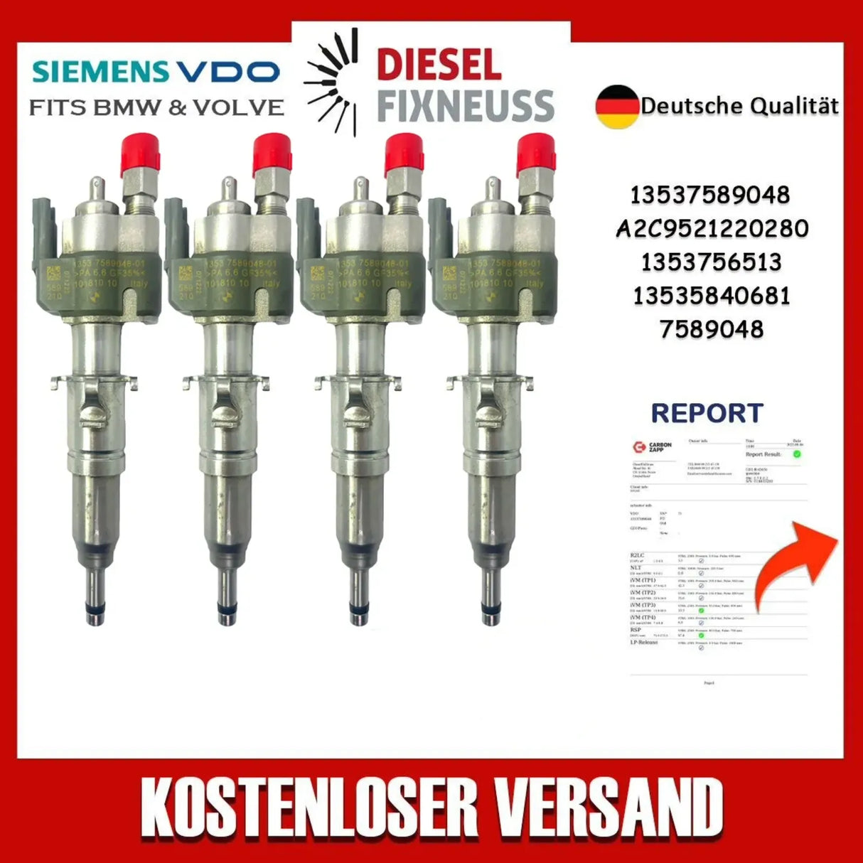 4x Fuel Injector BMW 1/3/5 Series | Part No: 13537589048-01/13537565138 Benzin | Compatible with N45/N43/N53 Engines | Includes Copper Ring, O-Ring, Test Report