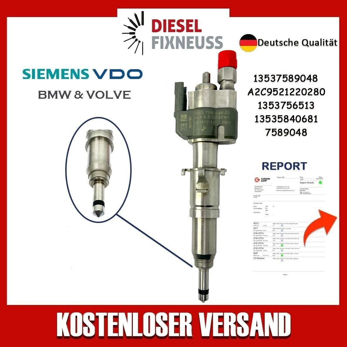 Fuel Injector BMW 1/3/5 Series | Part No: 13537589048-02/13537565138 Benzin | Compatible with N45/N43/N53 Engines | Includes Copper Ring, O-Ring, Test Report