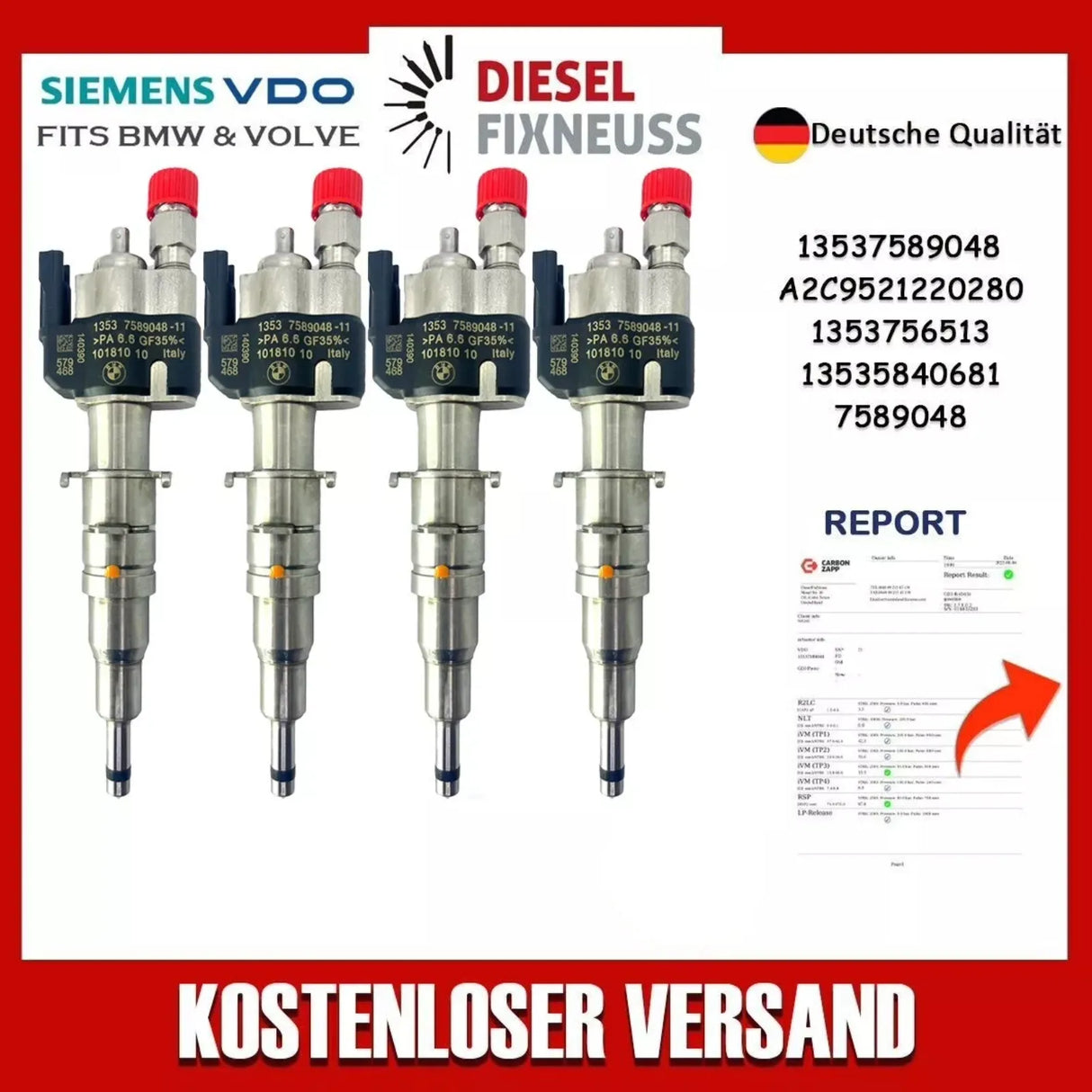 4x Fuel Injector BMW 1/3/5 Series | Part No: 13537589048/13537585261-11 Benzin | Compatible with N45/N43/N53 Engines | Includes Copper Ring, O-Ring, Test Report