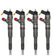 Set of 4 Bosch Injectors (0445110055) with Test Report for Mercedes-Benz E-Class W211, VF211, S211 (2002-2009). Compatible with 2148cc and 2685cc CDI engines, including E 200 CDI, E 220 CDI, and E 270 CDI models (102-177 HP). Part numbers: A6110701187, 0986435134, 0986435133.