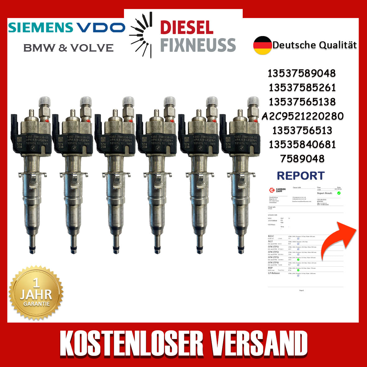 6x Einspritzventil VDO 13537589048 13537565138-05 N43 N53 BMW Benzin