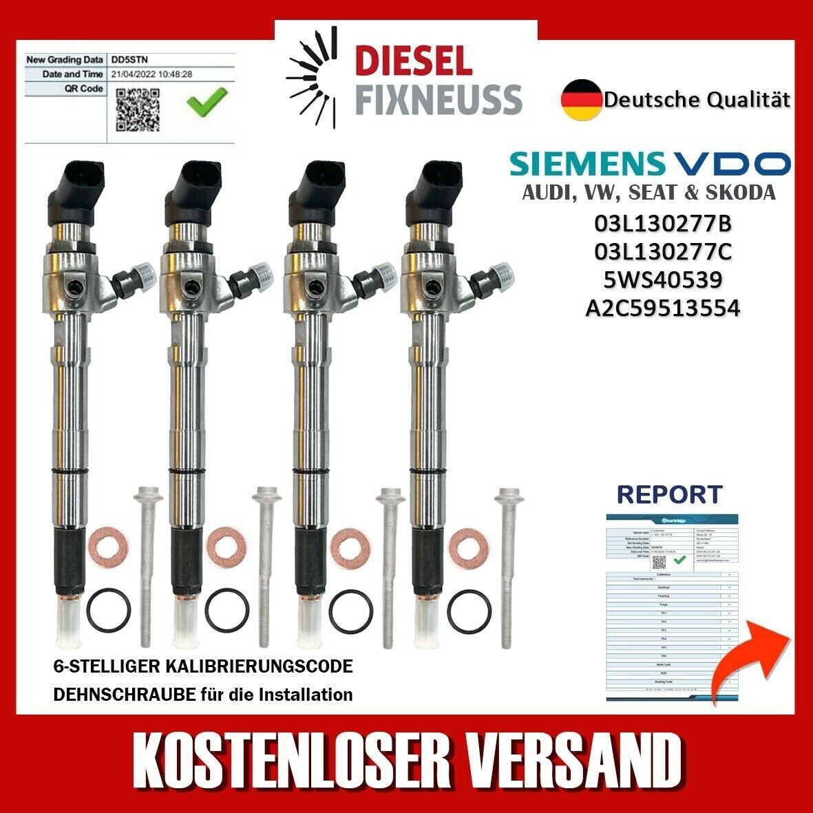 4 X Iniettore 03L130277B Siemens VW Motore 1,6 Tdi Continental Cayb