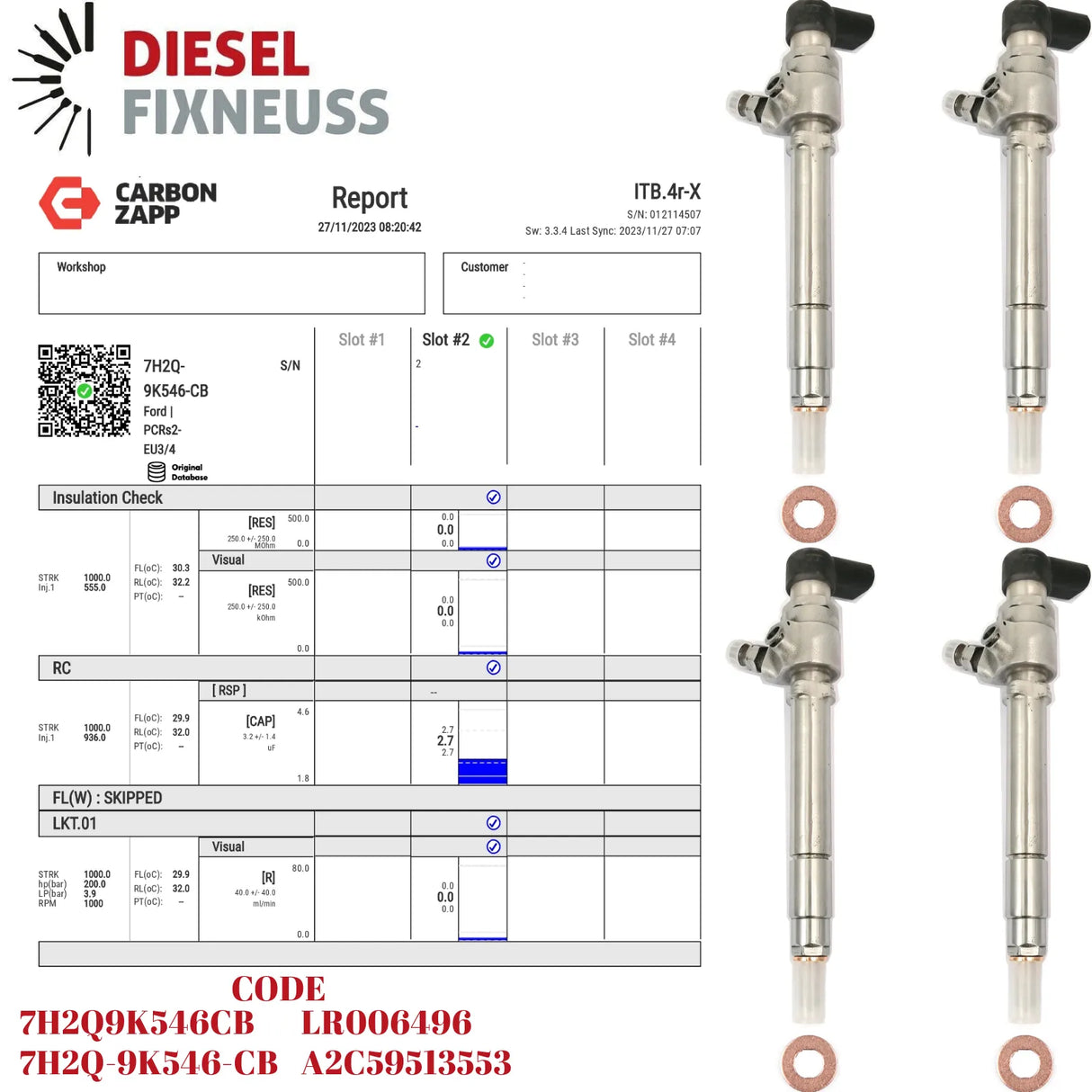 4x Siemens/Vdo Injectors (7H2Q-9K546-CB) with Test Report for Land Rover Discovery III, IV, and Range Rover Sport (2004-2018). Compatible with 2.7 TDV6 Diesel Euro 4 engines, 2720cc, 140 KW, 190 HP. Part numbers: LR008837, LR006496, A2C59513553, X11-800-002-002Z.