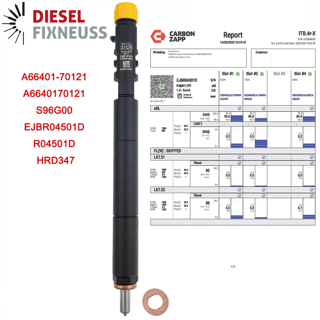 Delphi EJBR04501D fuel injectors for SsangYong 2.0 XDi engines, incl. test report. Compatible with Actyon, Kyron, and Rexton models (2005–2015). OE ref: A6640170121.