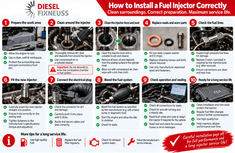 DieselFixNeuss diesel injector installation guide in 10 steps, covering cleaning, seal replacement, fitting and leak checks.